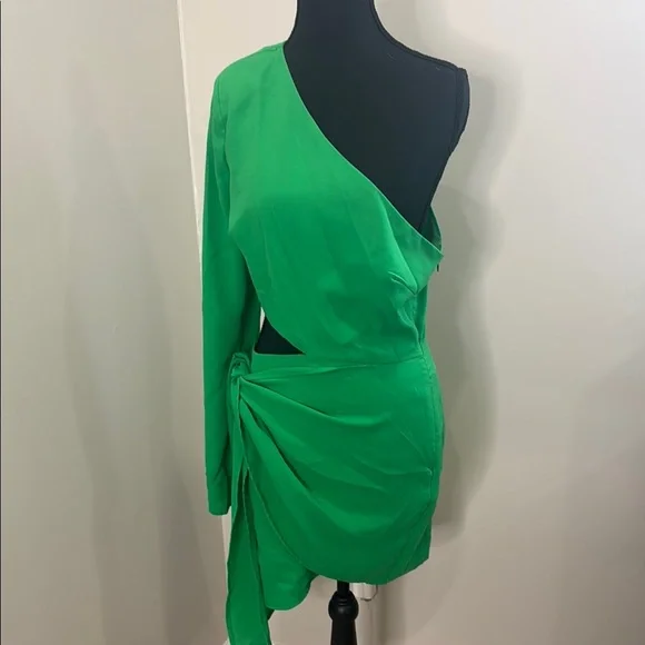 Green Asymmetrical One-Shoulder Bodycon Dress with waist tie and cut outs size L - Picture 3 of 11